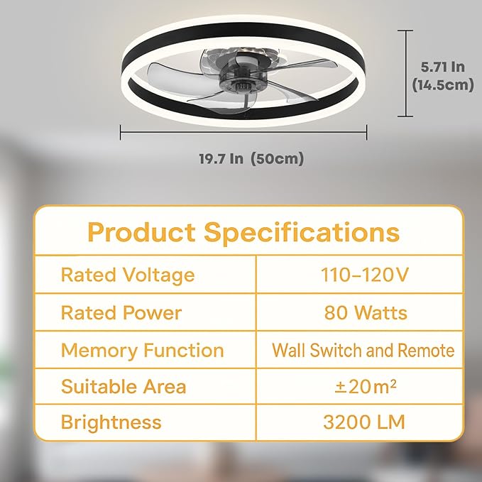 Ceiling Fan with Light, Upgraded 20‘’ Low Profile Fan, Flush Mount Ceiling Fan, 6 Speeds, Dimmable LED, App & Remote Control, Quiet DC Motor, for Bedroom, Living Room, F105 Black-D
