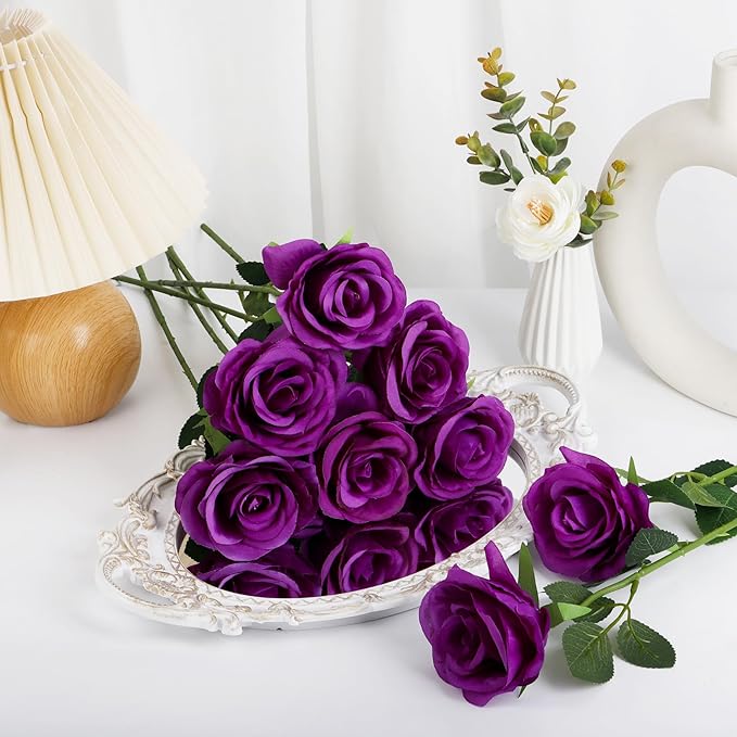 Ouddy Decor 20 Pcs Red Roses Artificial Silk Flowers Fake Roses Bouquet with Long Stems for Valentines Day Decor Wedding Home Party Table Centerpieces Bridal Bouquet DIY Floral Arrangment, Purple