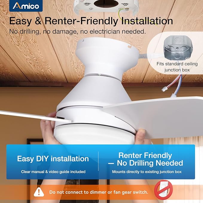 Amico Ceiling Fans with Lights, 42 inch Low Profile Ceiling Fan with Light and Remote Control, Flush Mount, Reversible, 3CCT, Dimmable, Noiseless, White Ceiling Fan for Bedroom, Indoor/Outdoor Use