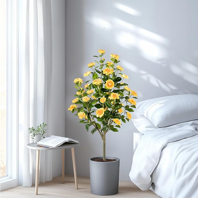 Artificial Camellia Tree 2 Pack, Artificial Plants Outdoor Faux Floral Plant in Cement Pot Fake Silk Camellia Tree Plants for Home House Living Room Office Decor