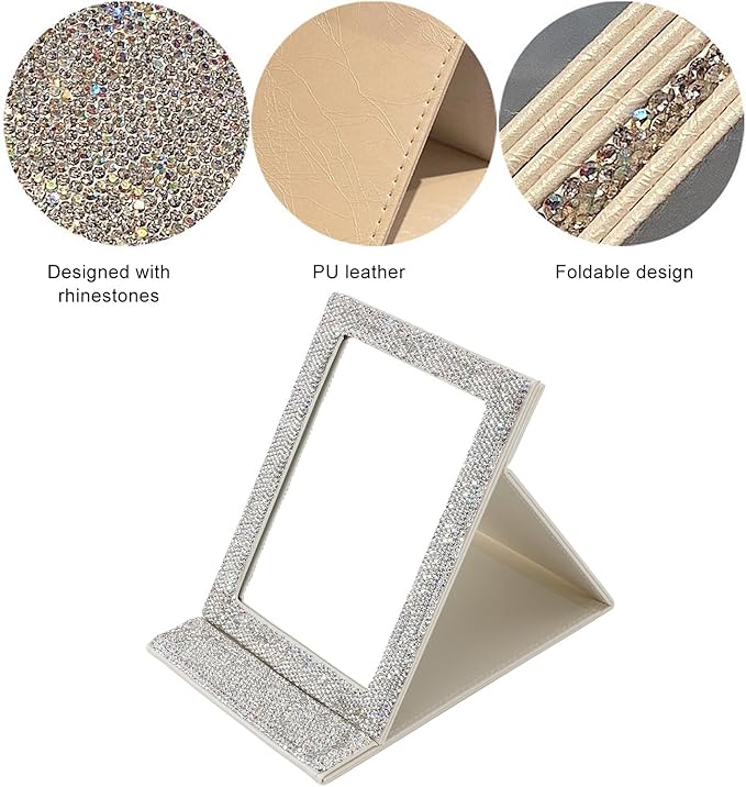 Folding Cosmetic Mirror, High Definition Innovative Rhinestone Portable Makeup Mirror Travel PU Portable Adjustable Rectangular Vanity Mirror for Dormitory Desktop
