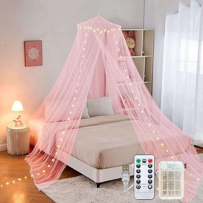 Pink Bed Canopy for Girls,Canopy Bed Curtains with Star Lights,Battery/USB Operated Bed Canopy,Princess Canopy for Baby Cribs, Kid Beds, Girls Beds Or Full Size Beds