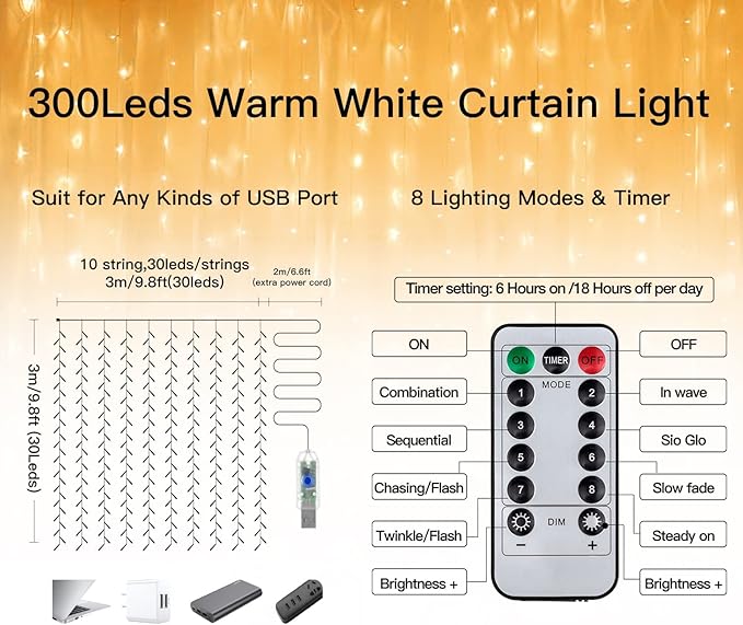 Ollny Christmas Curtain Lights 300 LED 9.8 FTx9.8 FT, Outdoor Waterproof Curtain String Lights with Remote Timer 8 Modes, USB Waterfall Window Lights for Wall Backdrop Home Decorations (Warm White)