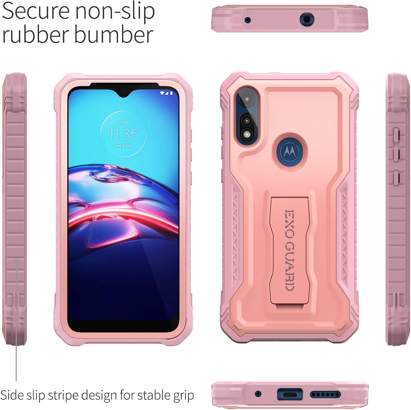 ExoGuard Rubber Shockproof Full-Body Case for Moto E - Built-in Screen Protector and Kickstand, Compatible with Moto E
