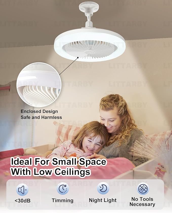 Socket Fan Light with Remote Control, 3 Colors 3000K-6500K Dimmable LED Light Bulb Fan Screw in Ceiling Fan for Bedroom, Kitchen, Storage Room, Closet, Wireless Small Ceiling Fans with Lights - White