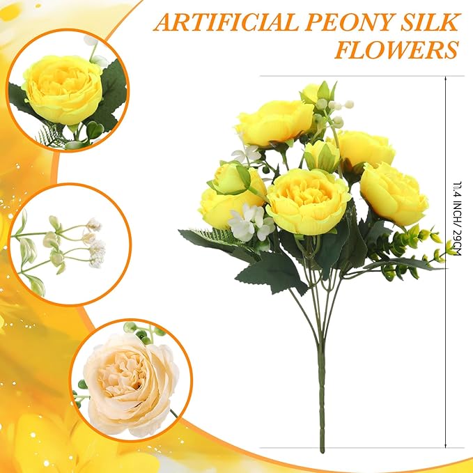 Geosar 16 Bundles Artificial Peonies Flowers Fake Silk Peony Bouquet Faux Peonies Flowers Bulk for Decoration Vase Floral Arrangements Wedding Party Table (Yellow,Champagne)