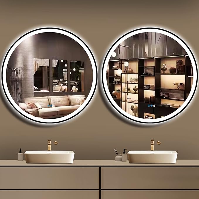 36 Inch Black Frame Round LED Bathroom Mirror Anti-Fog Smart Memory 3 Color Adjustable Brightness Frontlit 36" Black Framed Circle Round Lighted Vanity Mirror for Bathroom Wall Mounted