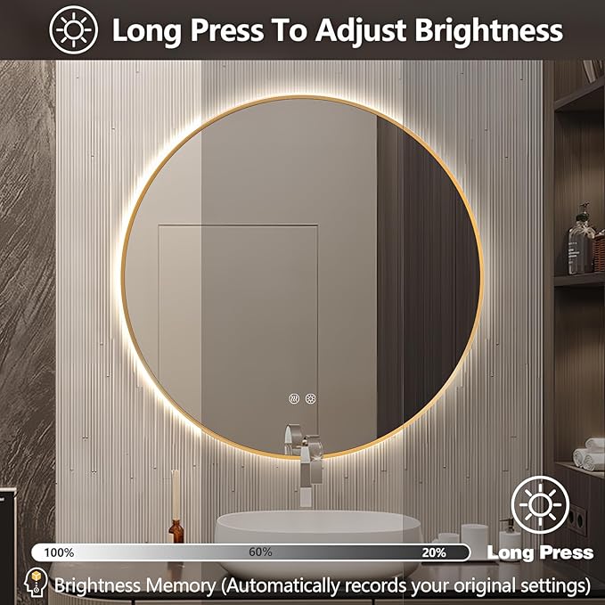 Niccy Round Led Mirror for Bathroom, 30" Backlit Mirror for Wall Circle Lighted Mirror with Gold Frame Anti-Fog, 3 Colors, HD Glass and IP65 Waterproof