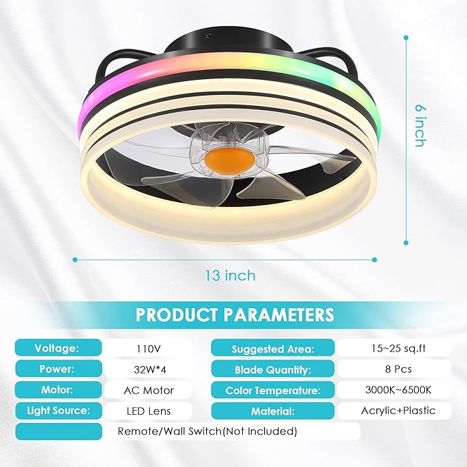 Flush Mount Ceiling Fan with Light - Small Low Profile Ceiling Fan,13" RGB Dimmable LED Bladeless Ceiling Fans, Modern Enclosed LED-RGB Ambient Light for Bedroom, Kids Room, Party