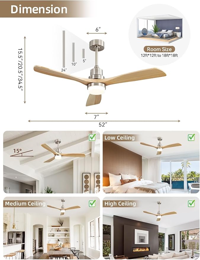 Sofucor 52 Inch Ceiling Fan with Lights and Remote Control-Modern Solid Wood Blade Ceiling Fan for Bedroom Living Room Indoor Outdoor Farmhouse Patio, Noiseless DC Motor, Sandy Nickel & Natural Wood