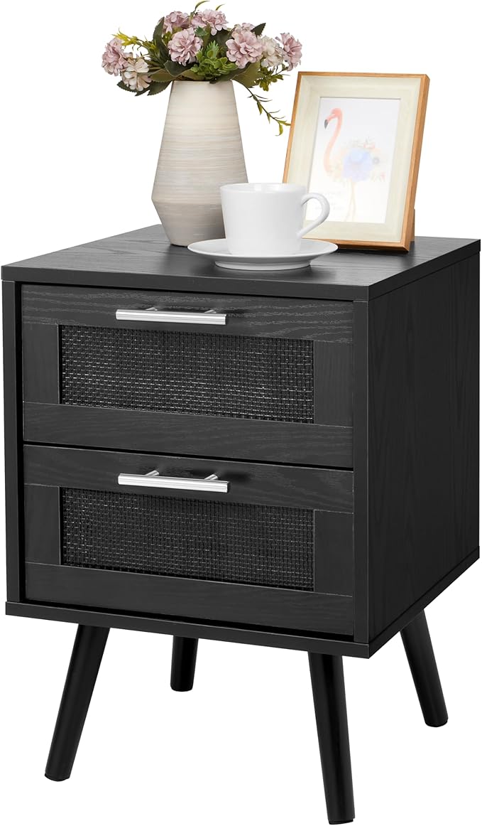 Finnhomy Nightstand, End Table, Side Table with 2 Hand Made Rattan Decorated Drawers, Wood Accent Table with Storage for Bedroom, Full Black