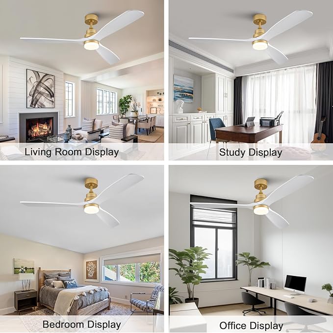 BOJUE 60 Inch Wood Ceiling Fans with Lights and Remote, White Gold Outdoor Ceiling Fan with Light, Dimmable 3 Blades Outdoor Fans for Patios Noiseless Modern Ceiling Fans for Bedroom Living Room