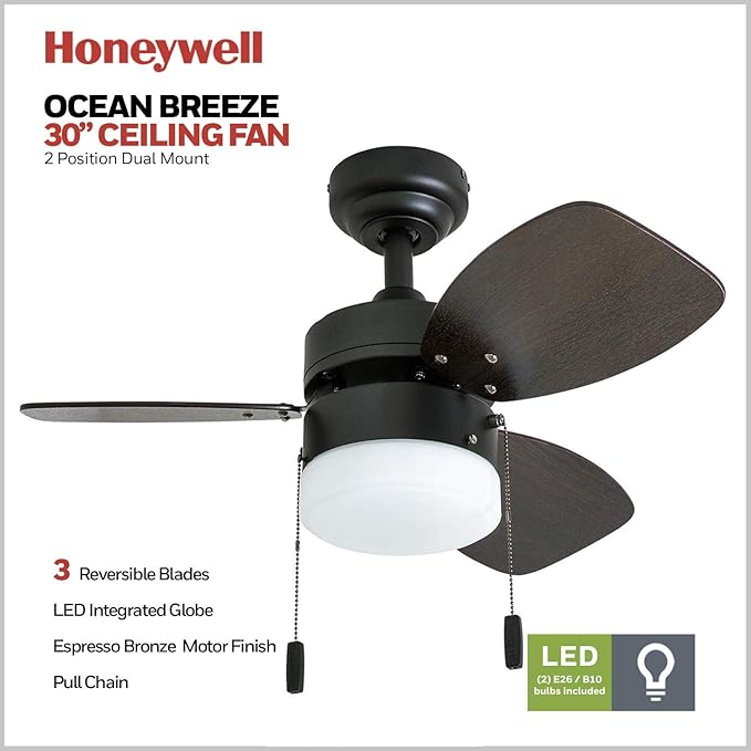 Honeywell Ceiling Fans Ocean Breeze Modern 30 Inch Ceiling Fan with Light, Pull Chain LED Indoor Fan with 3 Blades, Dark Brown Chestnut and Light Oak Blade Finish Options, Bronze (50602-01)