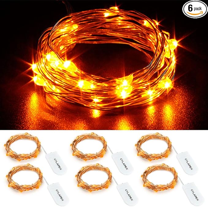CYLAPEX 6 Pack Orange Fairy Lights String Battery Operated Fairy Lights Firefly Lights LED Starry String Lights 3.3ft 20 LEDs Silvery Copper Wire for Hallowen Christmas Decor Costume Wedding Party