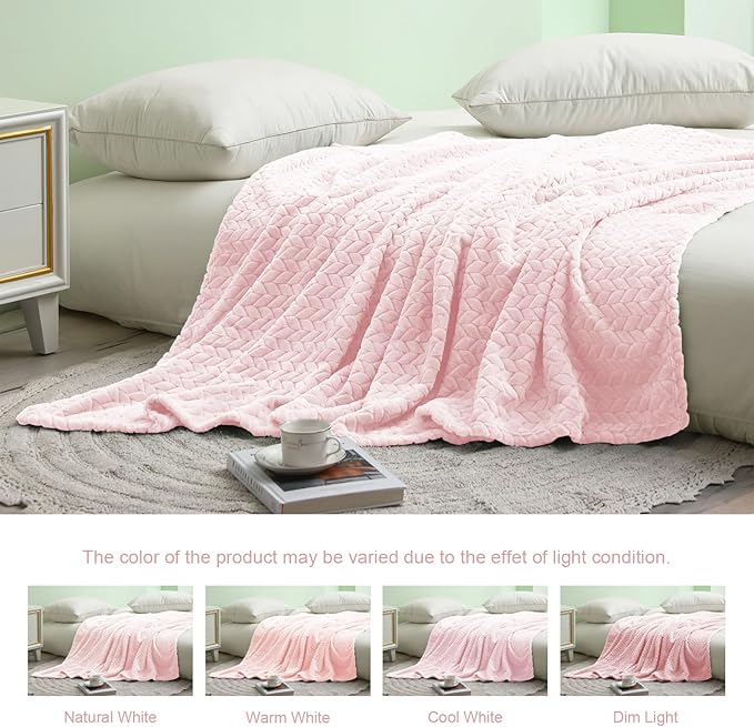 Exclusivo Mezcla Fleece Queen Size Blanket for Bed, 90x90 Inches Soft Cozy Jacquard Flannel Blankets, Lightweight Fuzzy Plush Warm for Winter, Light Pink