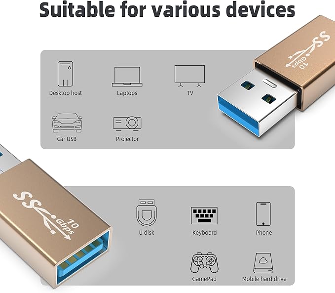 3Pack USB Coupler Male to Female USB 3.0 Type A Adapter Superspeed 10Gbps USB Port Extension Connector Bridge Compatible with Laptop Computer Hard Drive Printer Camera, Gold