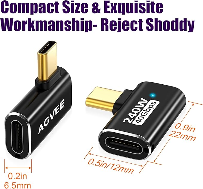 AGVEE 2 Pack Side Angle USB4 USB-C Male to USB-C Female Adapter Converter Video USB 4.0 240W 40G Data Extension Coupler Connector, Black