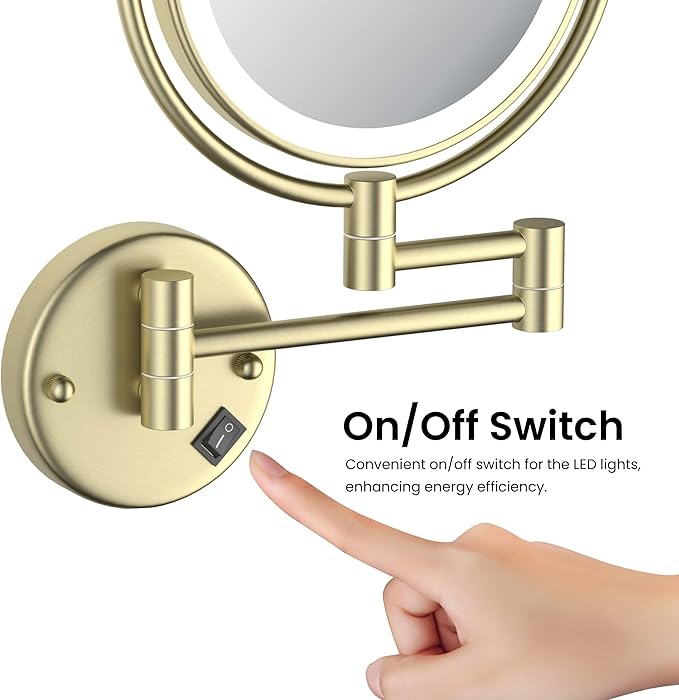 KIBI Circular Wall Mount Makeup Mirror with LED Lights, Dual-Sided 1x/5x Magnifying Mirror with Adjustable Arm, 360° Swivel, Solid Brass Construction for Durability and Style (Brushed Gold, KMM101)