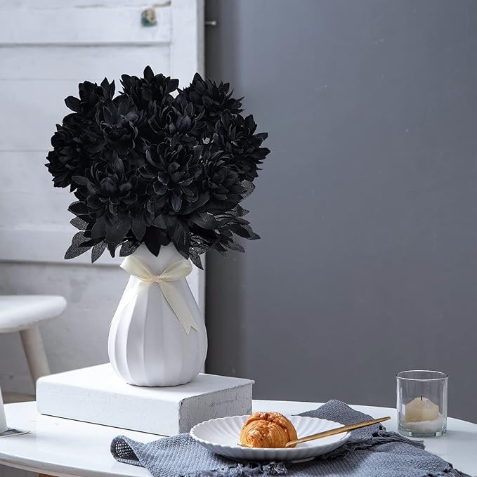 Artflower 10 Pack Artificial Silk Dahlia Bouquet with Long Stem, 16” Black Fake Flower Floral Arrangements Wedding Bridal Bouquet for Halloween Harvest Festival Table Centerpieces Home Decor