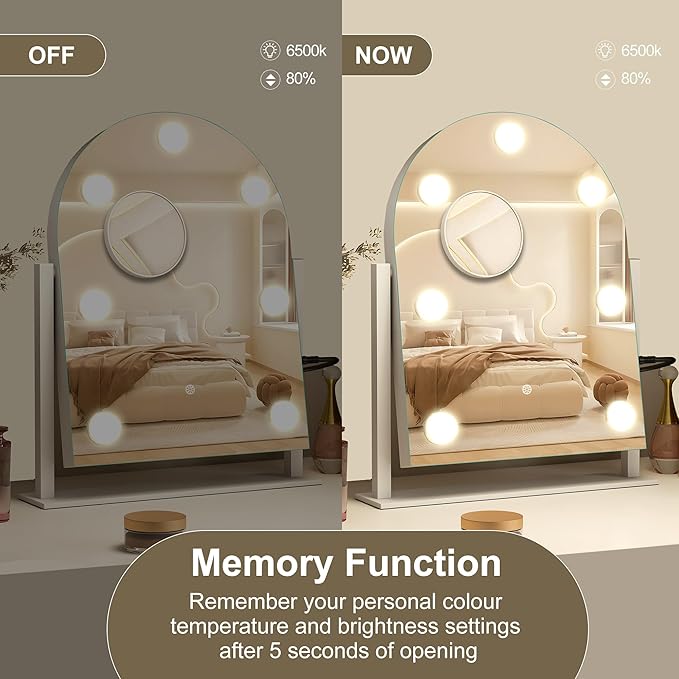 S'bagno Arched Vanity Mirror with Lights, 7 Dimmable LED Bulbs Hollywood Mirror, 3 Color Modes & Memory Function Makeup Mirror with Lights, Detachable 10X Magnification, Touch Control,USB-A(15''x12'')