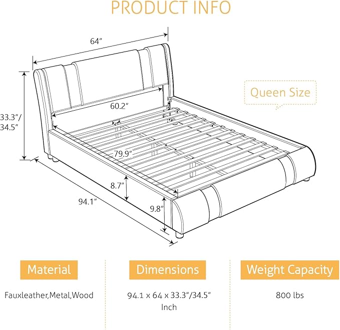 SHA CERLIN Modern Faux Leather Queen Bed Frame with Adjustable Headboard and Iron Accents, Deluxe Upholstered Platform Bed with Solid Wooden Slats Support/No Box Spring Needed, Black