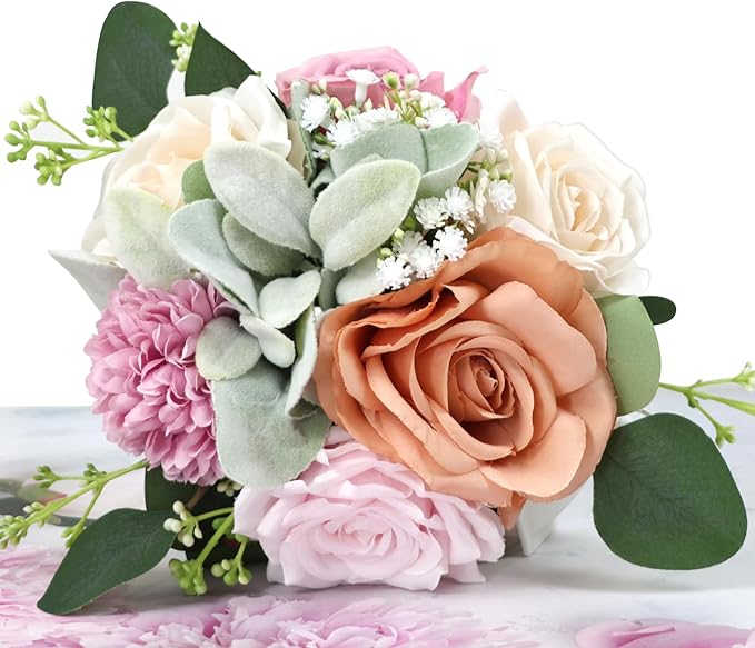 Bridesmaid Bouquets Set of 4 - Blush & Pink Artificial Flowers Bouquet for Bridesmaids Wedding Small Floral Centerpieces for Marriage Proposal Party Anniversary Dining Table Decor -7 Inch