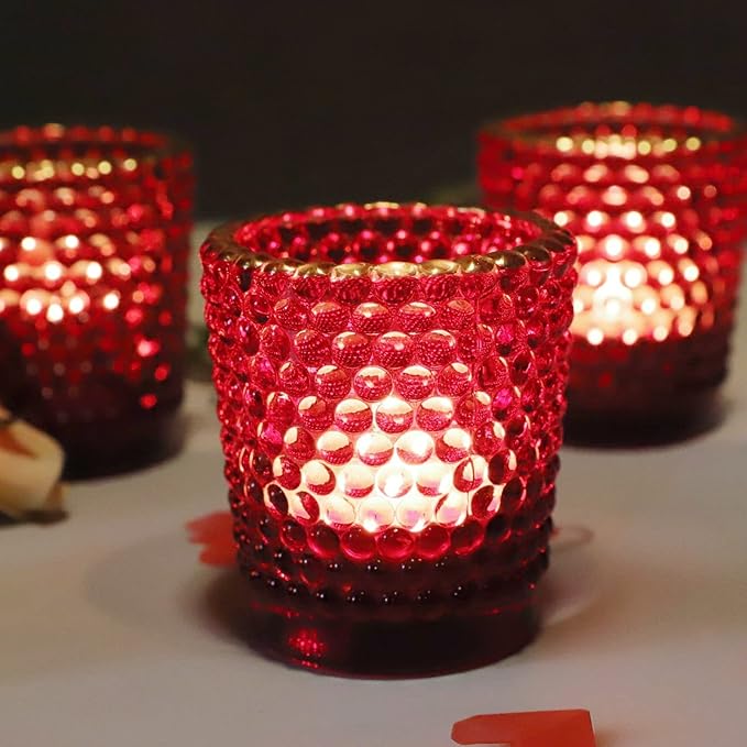 WOHO 24pc Red Votive Candle Holders for Table Centerpiece, Tealight Candle Holder Bulk with Gold Rim, Glass Tea Lights Candle Holder for Christmas, Valentine’s Day Decor