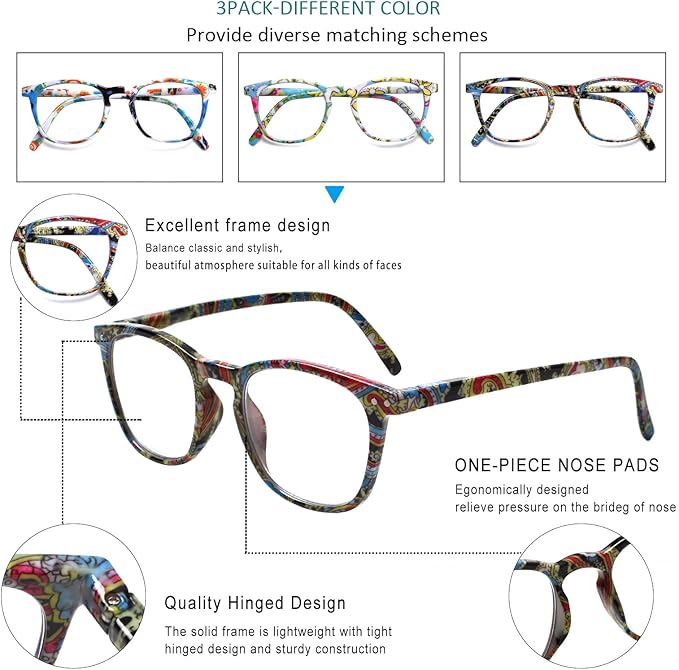 Henotin 3-Pack Blue Light Blocking Reading Glasses,Spring Hinge Computer Readers for Men Women,Anti UV Ray Filter Eyeglasses (readers for women, 1.25)