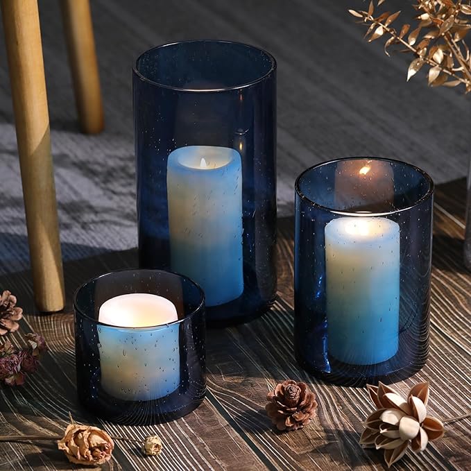 Large Hurricane Candle Holder Set of 3 Blue Candle Holders for Pillar Candles, Seeded Bubbles Glass Candle Holder, Blue Glass Cylinder Vases for Table Centerpieces, Home, Patio and Wedding 10"7"4"H