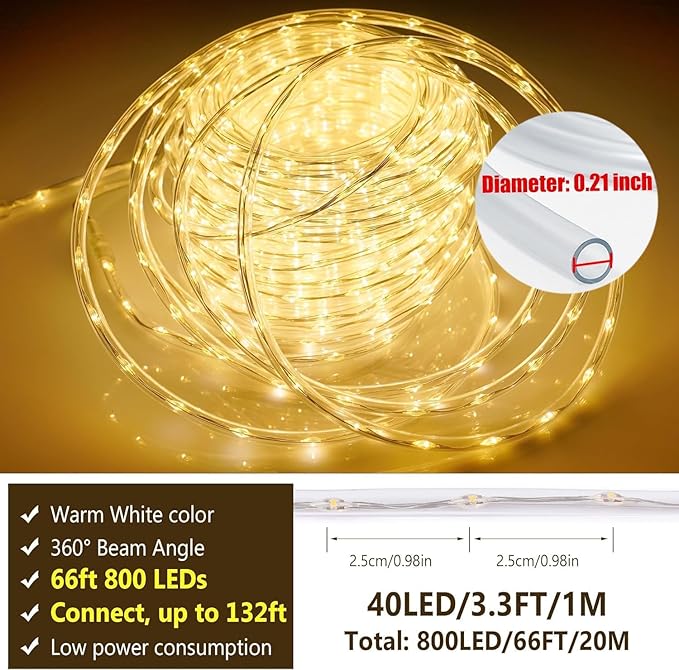OMIKA Connectable 66FT 800 LED Rope Lights Outdoor, Warm White Rope Light Plug in, Outdoor String Light Waterproof Decorative Lighting for Deck Patio Yard Garden Pathway Camping Room Indoor Decor