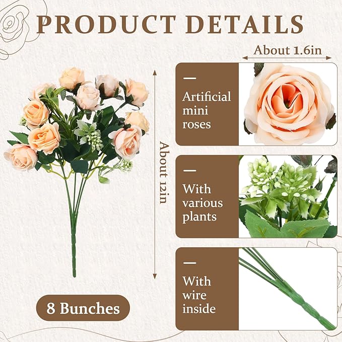Zeyune 8 Pack 12 Inch Valentines Artificial Rose Bouquet Silk Roses Flowers Bunches Bulk Fake Roses for Wedding Bridal Home Office Garden Parties Decoration(Champagne)