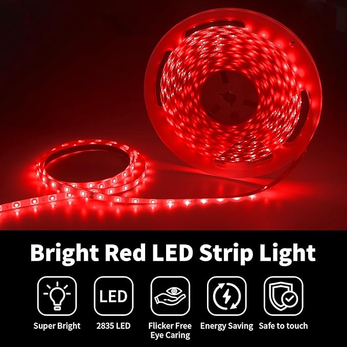 iNextStation 32.8ft/10M Red LED Strip Light, 24V 2835 SMD 600 LEDs Flexible Cuttable Waterproof LED Tape Light for Bedroom Kitchen Cabinet Wardrobe TV (No Plug)