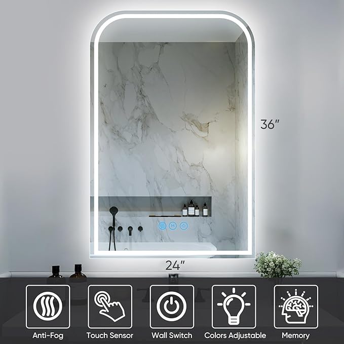 LED Bathroom Mirror, 24"x 36" LED Mirror with Lights for Bathroom, Lighted Vanity Mirrors for Wall, Anti-Fog, Dimmable, Tempered Glass, Memory Function, 3 Colors, Safe Use (White)