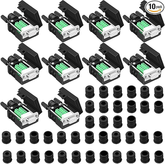 10PCS DB9 Female Breakout Connector,DB9 Solderless RS232 D-SUB Serial to 9-pin Port Terminal Adapter Connector Breakout Board with Case Long Bolts Tail Pipe