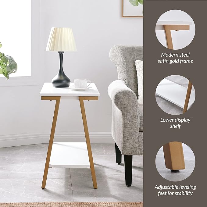 Leick Home 214312 Empiria Narrow Side Table with Shelf and Metal Frame, Wood End Table for Living Room Bedroom, White