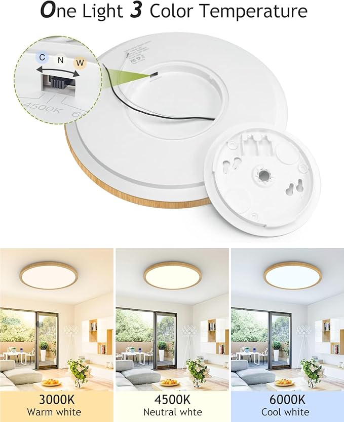 2PACK Flush Mount LED Ceiling Light Fixture Wooden, 12Inch 28Watt, Dimmable & 3000K-4500K-6000K 3 Color Selectable Ceiling Lamp 3200LM Low Profile Ceiling Light for Kitchen Bedroom Hallway Porch