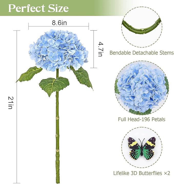 Real Touch Hydrangea Artificial Flowers, 2 Blue & 2 White Real Touch Flowers, 21" Faux Hydrangea Flowers, Fake Hydrangea Flowers for Outdoor Wedding Office Home Decor Table Centerpieces