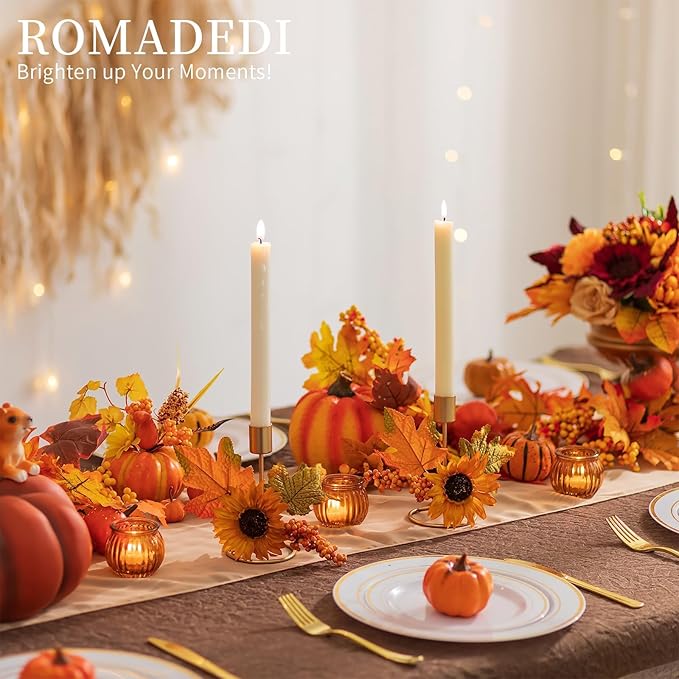 Romadedi Fall Candle Holder for Thanksgiving: Candlestick Holders Decor for Autumn Table Centerpiece Gold Party Decoration Indoor Kitchen Dining Fireplace Mantel Sunflower Maple Leaves Set of 4