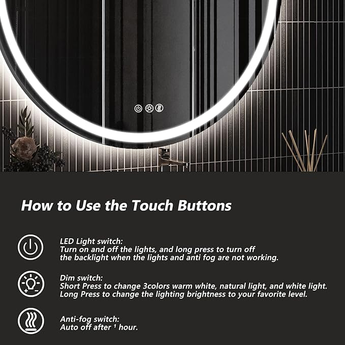 ROOMTEC 24 Inches LED Bathroom Mirror with Front and Backlit,Anti-Fog,3 Colors and Dimmable Light(ETL/UL Certification)