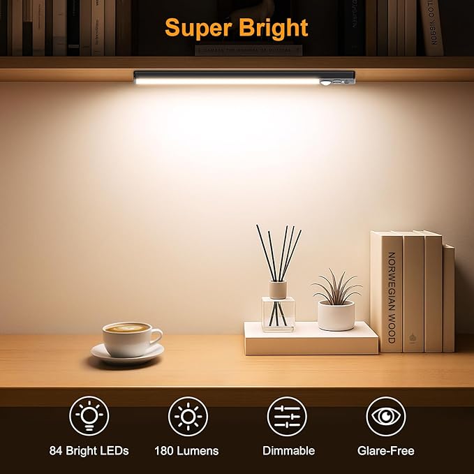 Gritin 10.2inch Under Cabinet Lighting Rechargeable -84 LED Super Bright,3-Color& 5 Level Brightness,4 Modes,Motion Sensor, Long Lasting- Easy Installation Magnetic Closet Lights -2 Pack-Black