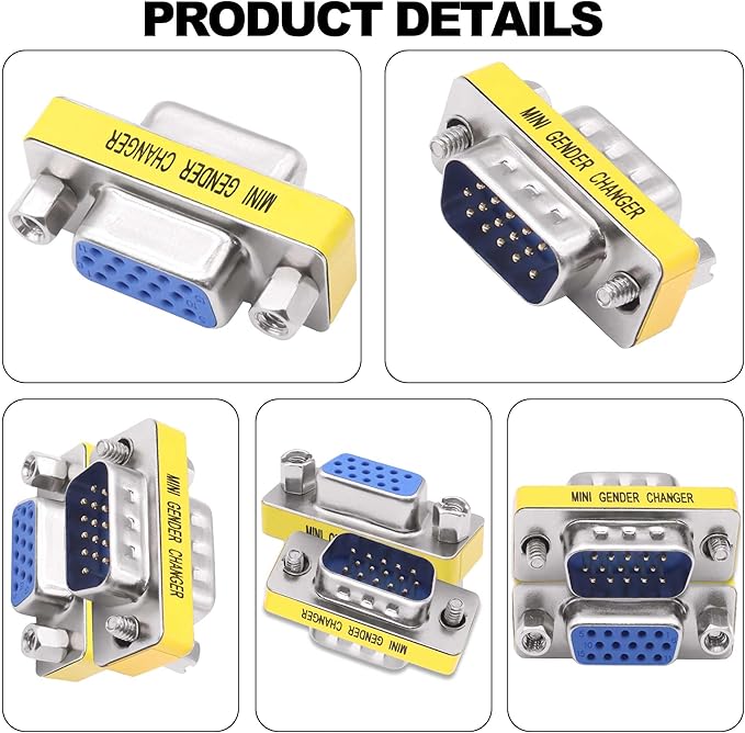 DB15 VGA Gender Changer Solderless Connector Male to Female Adapter D-SUB HD 15 Pin Serial Cable Coupler for PC Monitors Projectors-4pcs