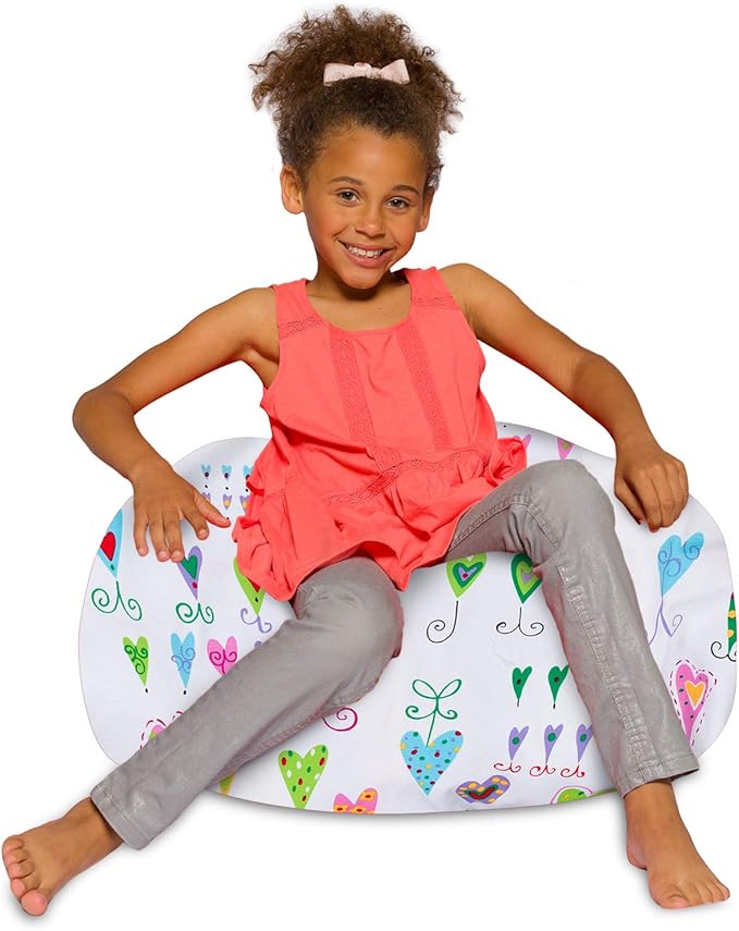 Posh Creations Bean Bag Chair for Kids, Teens, and Adults Includes Removable and Machine Washable Cover, Canvas Multi-Colored Hearts on White, 27in - Medium