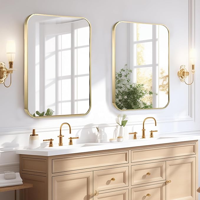 30"x36" Matte Gold Mirror for Wall, Brushed Metal Framed Rounded Corner Rectangular Mirror for Bathroom Vanity,Entryway,Living Room,Bedroom,Vertical or Horizontal
