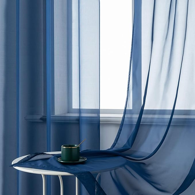 DUALIFE Navy Blue Sheer Curtains 63 Inch Length for Bedroom Dark Blue Sheer Curtains Panels with Grommet Sheer Voile Superior Drapes for Living Room 52 x 63 Inch Length 2 Panels Indigo Blue