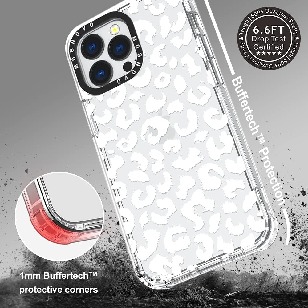 MOSNOVO iPhone 13 Pro Case, Clear TPU Bumper with Buffertech 6.6ft Military-Grade Drop Protection, White Leopard Print
