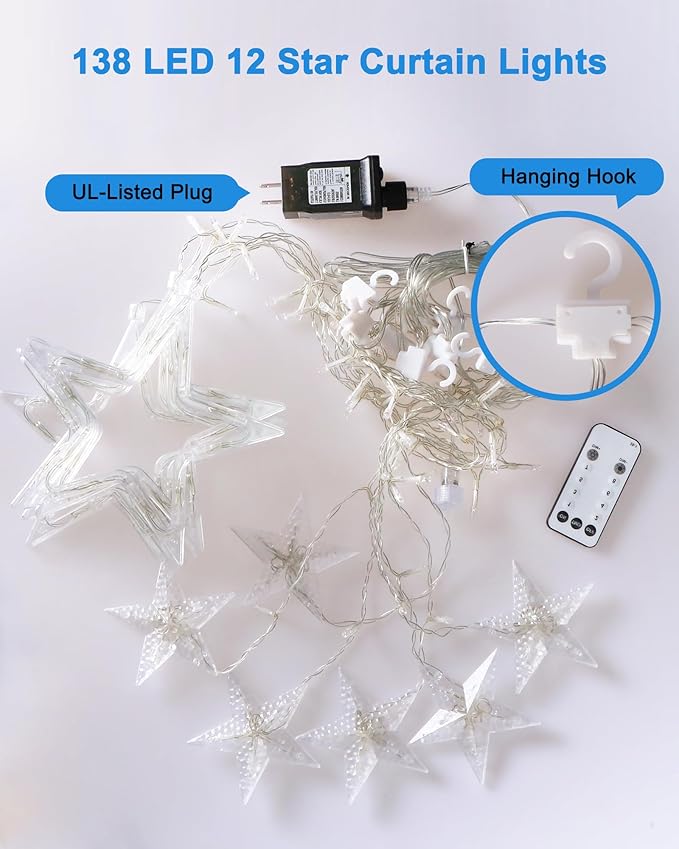 Blingstar Star Curtain Lights 138 LED 12 Star Multicolor Christmas Lights 8.2 Ft Connectable Window Lights with Remote Plug in Curtain String Lights for Christmas Ramadan Bedroom Indoor Outdoor Decor