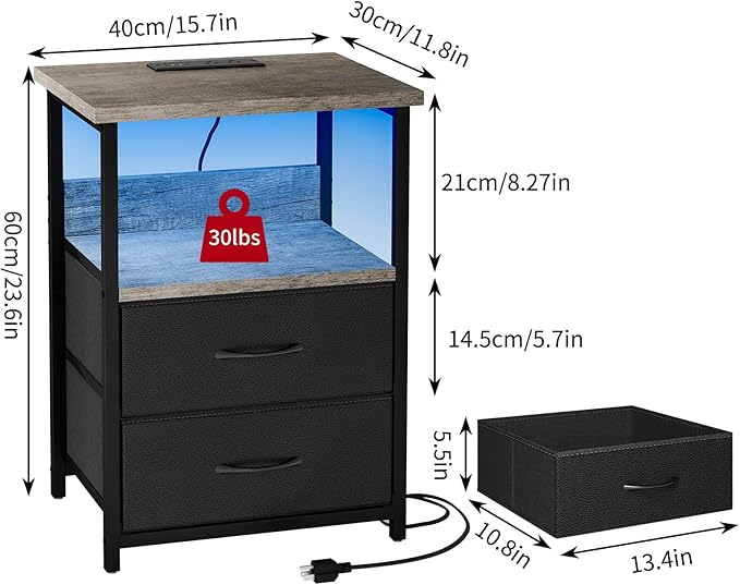 Fixwal Night Stand with Charging Station, LED Nightstand with U-S-B Ports and Outlets, 2 Fabric Storage Drawers with PU Finish, Bed Side Table, French Oak