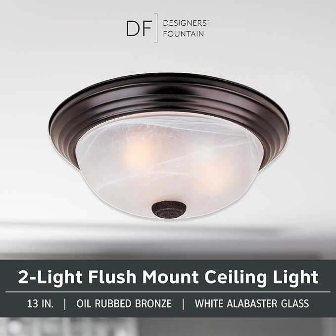 Designers Fountain 13 inch, Modern 2-Light Flush Mount Ceiling Light Fixture, Alabaster Glass Shade, for Bedroom, Hallway, Indoor Room Lighting, Durable Steel, Easy Install, Bronze, 1257M-ORB-AL