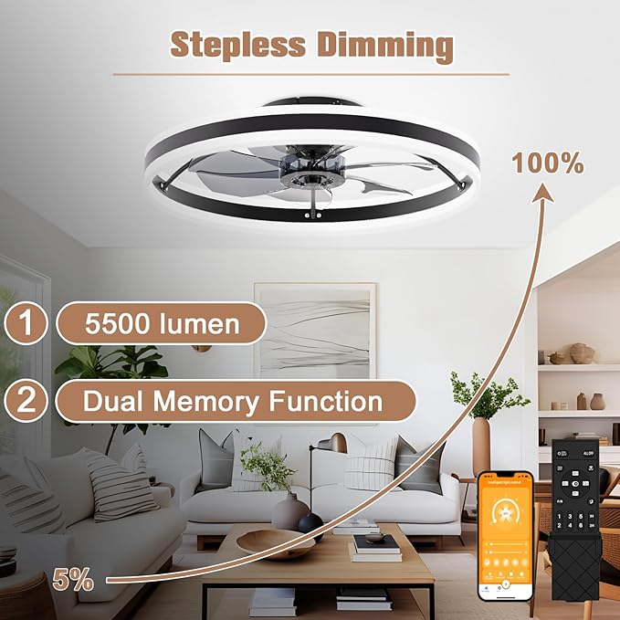 VOLISUN Low Profile Ceiling Fans with Lights and Remote, 23.6in Flush Mount Ceiling Fans with Light, 3000K-6500K Dimmable Fandelier LED Fan Light, Black Bladeless Ceiling Fans with Lights for Bedroom
