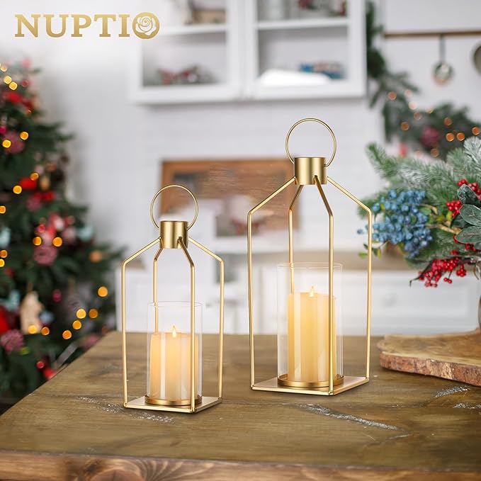 NUPTIO Gold Lanterns Decorative Indoor: Set of 2 Hanging Metal Pillar Candle Lantern with Bottomless Hurricane Glass for Wedding Home Front Porch Outdoor Fireplace Christmas Table Centerpiece